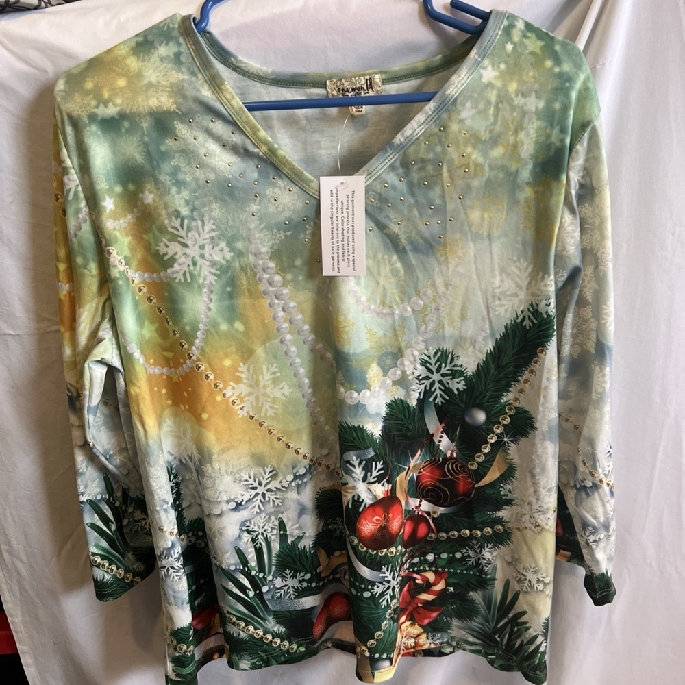 NWT Women One World Live and Let Live Christmas Shirt Size 2X Bling 3/4 Sleeves